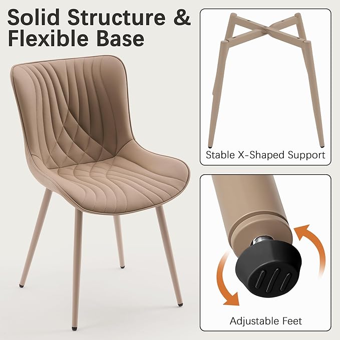 YOUTASTE All Khaki Dining Chairs Set of 2, Mid-Century Modern Armless Kitchen Chairs with Back, Faux Leather Upholstered Accent Chairs with Metal Legs for Living Room, or Bedroom