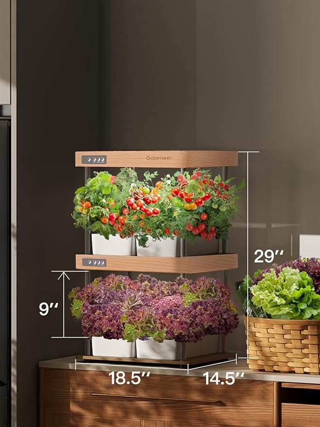 GROWNEER HydroEasy1.0 Hydroponic Growing System, 2-Tier Indoor Garden with Full-Spectrum LED Grow Lights, 32 Pods, Solid Wood Design, Independent Water Circulation, Ideal for Vegetable, Herb, Red Oak
