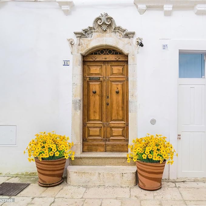 Outdoor Artificial Flowers 21 UV Resistant Bundles Fake Flower Plastic Plants Faux Silk Flowers Porch Hanging Garden Porch Window Box Decorating (Yellow)