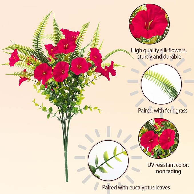 Artificial Flowers Outdoors 12 Bundles Artificial Petunias Fake Flowers UV Resistant Shrubs Plants with Fern for Indoor Outside Hanging Planters Home Garden Summer Decorations(Rose Red)