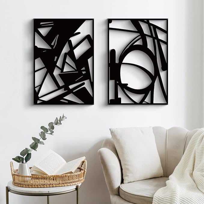 Glamativity 4 Pack Black Abstract Metal Wall Art, Minimalist Décor Single Line Art Wall Décor, 3D Textured Metal Wall Sculptures, for Living Room Bedroom Bathroom Study Room (Black Abstract, M Size 16 x 11'')