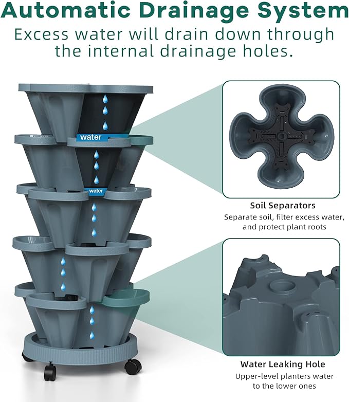 Strawberry Vertical Planters Tower Garden, 5 Tiered Stacking Planter with Support Pole, Stackable Herb Vegetable Planters Indoor and Outdoor - Dark Grey