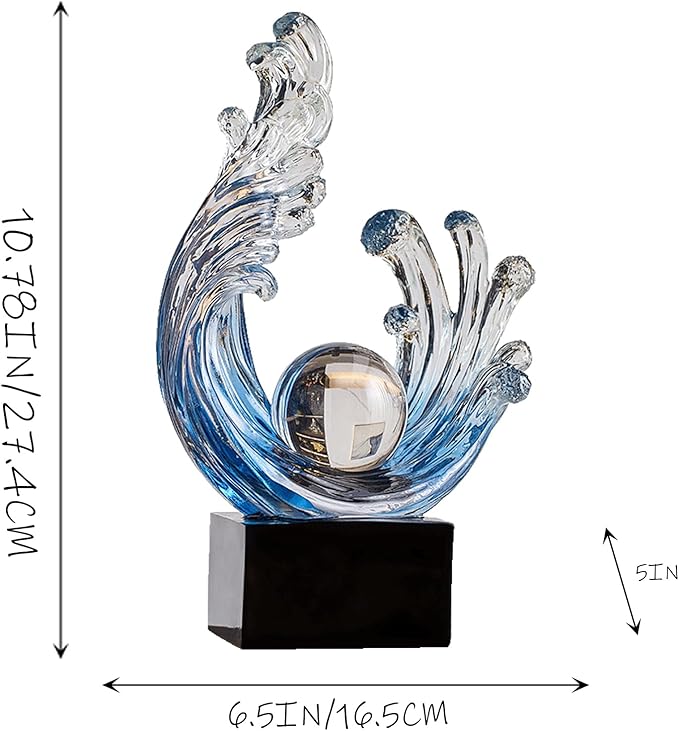 Modern Abstract Decorative Wave Statue, Blue Abstract Art Home Decor,Crystal Ball Art Wave Resin Sculpture, Office Desk Stand, Dining Table Center Decorative Aesthetics (A,Navy-Blue)