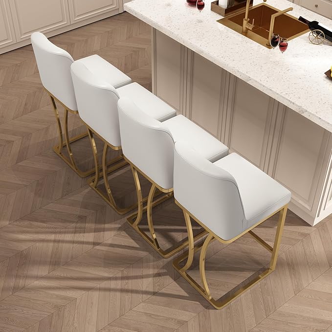 24" Counter Height Bar Stools Set of 4, White Counter Stools with Back and Gold Metal Frame, Modern Luxury Barstools with Footrest, Upholstered PU Leather Bar Chairs for Kitchen Island
