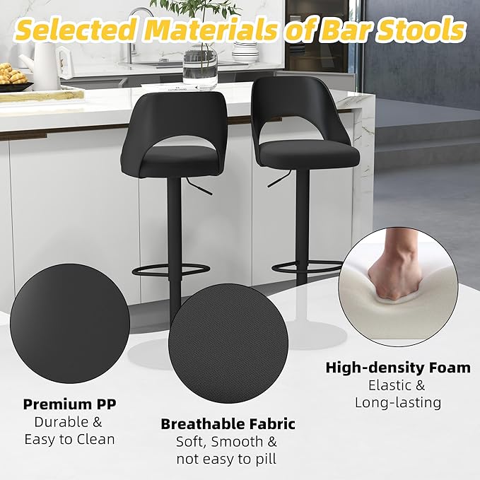 civama Bar Stools Set of 4 for Kitchen Counter, Seat Height Adjustable 25''-33'', Modern Upholstered Swivel Island Chairs with Hollow Backrest Metal Base, Black