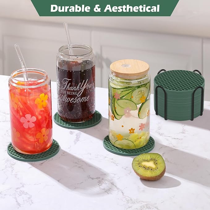 Silicone Coaster Set of 16 with Holder, Drinks Coasters, Beer & Coffee, Hot or Cold, Anti-Slip, Non-Stick, Anti-Overflow Tabletop Protection and Decor (Green, 16 Pcs)