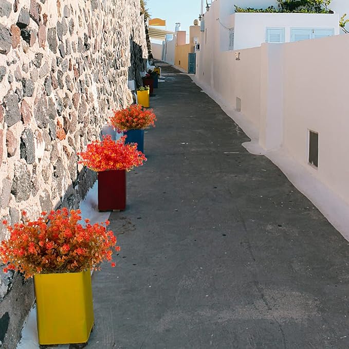 10PCS Artificial Eucalyptus Plants,Fake Boxwood Shrubs UV Resistant No Fade Faux Plastic Greenery for Outdoor Home Garden Kitchen(Fall Orange)