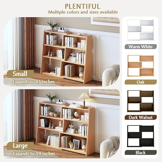 IOTXY Wooden Extendable Shelf Bookcase - 3-Tier Ladder Low Short Bookshelf for Small Space or Corner, Oak, L