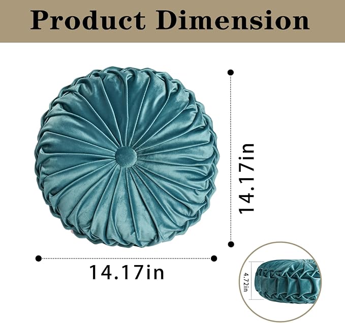 HIG Set of 2 Teal Ruched Velvet Round Throw Pillows – 14.5’’ Decorative Pillows with Soft Polyester Filling for Couch, Bed, Living Room, Bedroom, or Dorm – Handmade, Stress Relieving, All-Season