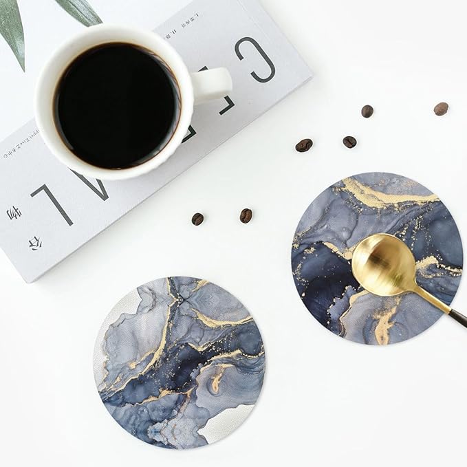 Navy Blue Gold Marble Coasters Set of 6 Coasters for Drinks Absorbent Double-Sided Leather PVC Coaster for Tabletop Protection Coffee Table Decor Ideal for Home Decor House Warming Gifts