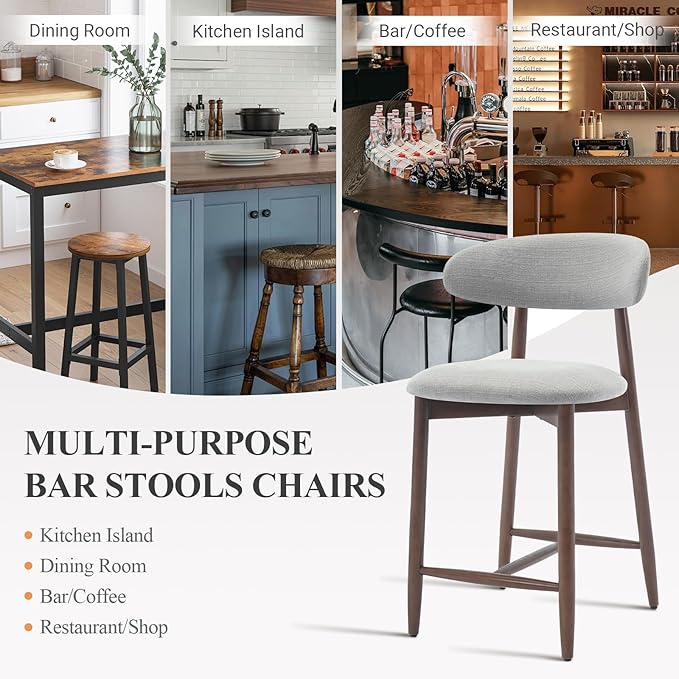 COLAMY Wood Bar Stools Set of 4, Counter Height Bar Stools, Mid Century Modern Stools with Back, 25 Inch Upholstered Wooden for Kitchen Island Dining Room Bar, Light Grey