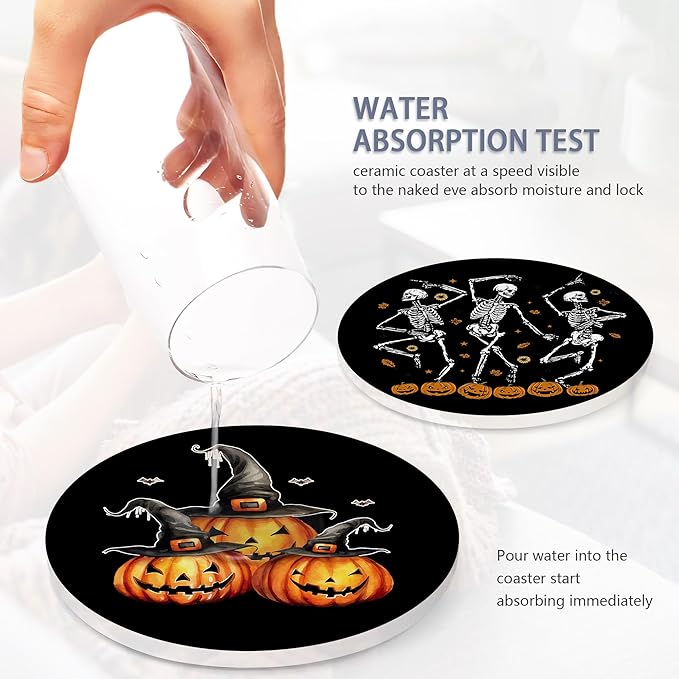 Coaster for Drinks Set of 6, Halloween Skeleton Skull Pumpkin Absorbing Round Ceramic Stone Coaster with Cork Base,Tabletop Protection Mat for Mugs and Cups,Coffee Table Wine Glass Home Bar 4 Inch