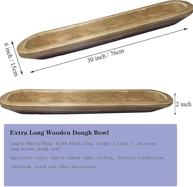 Wooden Dough Bowl Decor, Vintage Wooden Bowl Hand Carved Home Decor for Dining Table Center, Living Room, Kitchen Decor. (30inch brown)