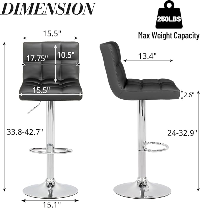 Modern PU Leather Bar Stools Set of 4, Adjustable Swivel Square Bar Chairs, Armless Counter Height Barstools with Back and Large Base for Island/Kitchen(Black)