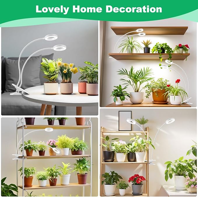 Wiaxulay Grow Lights for Indoor Plants, 96 LED Full Spectrum Halo Plant Grow Light with Clamp, Clip on Grow Lamp with Auto Timer 6/12/16 Hrs, 3 Lighting Mode, 5 Brightness, Two Head, White (3.5in)