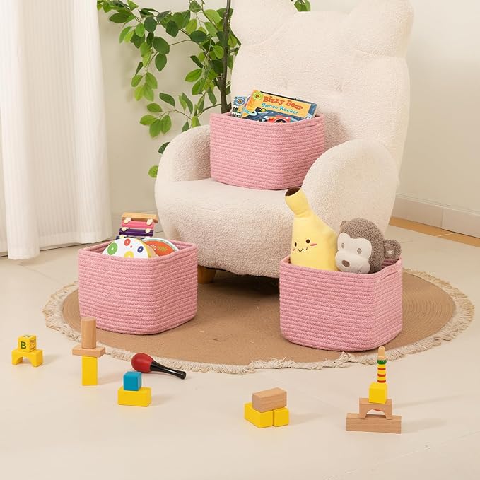 OIAHOMY 9”x9”x7” Storage Cubes, Cotton Rope Woven Baskets for Organizing, Cube Storage Bin, Small Gift Basket for Shelf, 3-Pack, Pink