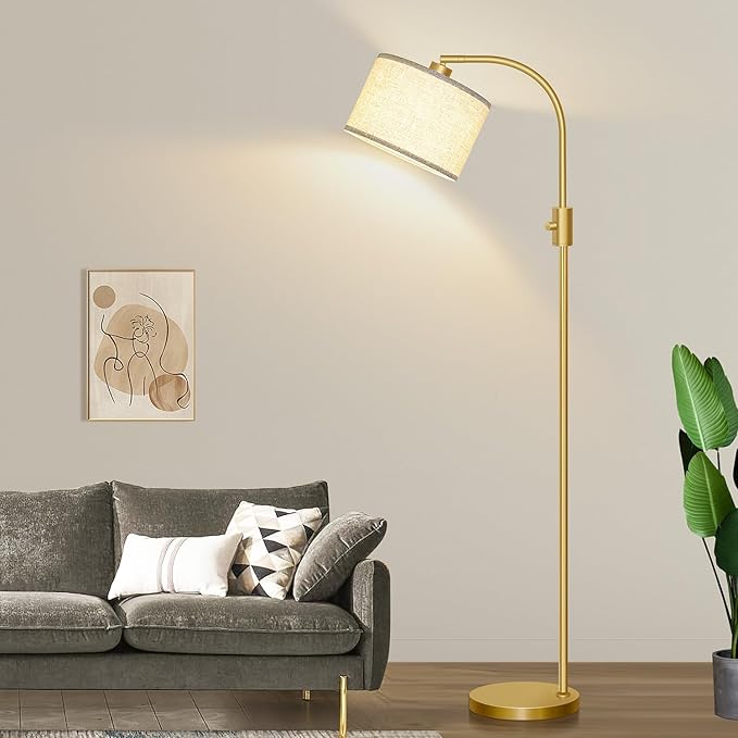 Nintiue Upgraded Modern Arc Dimmable Tall Standing Floor Lamp with Linen Shade, 1200 Lumens LED Bulb Included, for Living & Reading Room, Bedroom, Office & Nursery, Gold
