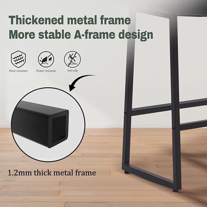 Black Modern Bar Stools Set of 4 for Kitchen Counter 24 inch Counter Height Backless Barstools with Upholstered Faux Leather Saddle Seat and Metal Frame Industrial Bar Chairs