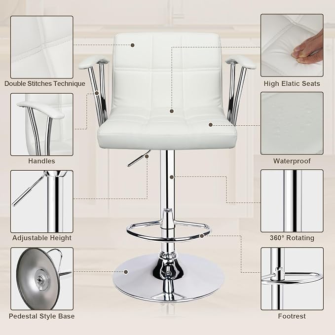 Bar Stools Set of 2,Armrest Adjustable Swivel Barstools with Back,Double Needle PU Leather Counter Height Bar Stools for Kitchen Island, White