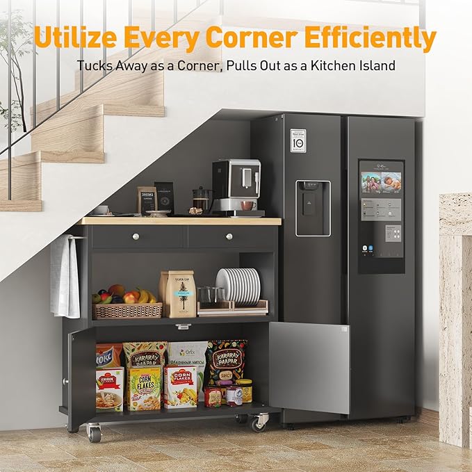 Rolling Kitchen Island with Storage Cabinet, 35.4'' Width Kitchen Cart, 2 Drawers Island Table, Portable Mobile Kitchen Island with Towel Rack, Wood Top and Lockable Wheels, Black