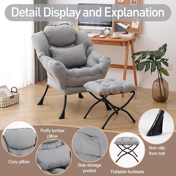 Lazy Chair with Ottoman, Modern Accent Chair with Lumbar Pillow, Comfy Chairs with Folding Footrest for Bedroom, Reading, Oversized Supportive Lounge Chairs(Grey)