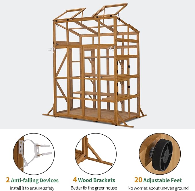 Macrout Wooden Walk-in Greenhouse with Acrylic Panels, Large Greenhouse for Outdoors with Openable Roof Vents with Lockable Door, G727