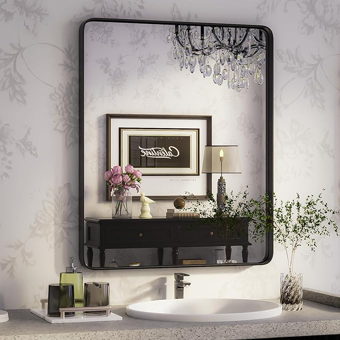 ISKM Black Framed Mirror for Wall 24"x 32", Bathroom Vanity Mirror Anti-Rust, Tempered Glass, Rounded Rectangle Mirror(Horizontal/Vertical)