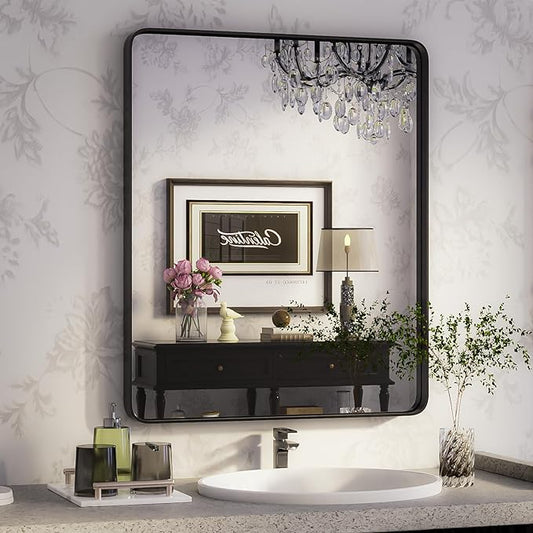 ISKM Black Framed Mirror for Wall 24"x 32", Bathroom Vanity Mirror Anti-Rust, Tempered Glass, Rounded Rectangle Mirror(Horizontal/Vertical)