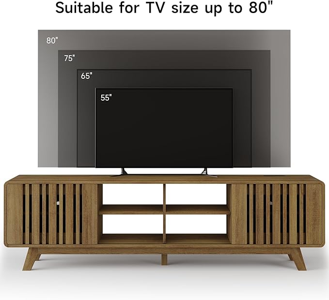 ONBRILL 70-Inch TV Stand for TVs up to 80 Inch, Mid-Century Modern Television Stand with Power Outlet， Entertainment Center with Sliding Grille Door Cabinets and Open Shelves for Living Room, Oak