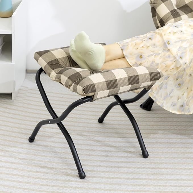 HollyHOME Fabric Lazy Chair with Foldable Ottoman, Accent Lounge Arm Chair and Folding Footrest Stool Set, Leisure Sofa Reading Chair and Footstool for Living Room, Bedroom, Dorm, Beige&Coffee Grid