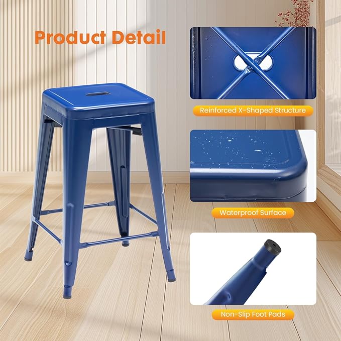 Sweetcrispy 24 Inches Metal Bar Stools Set of 8, Backless Counter Height Bar Stools for Kitchen, Outdoor Stackable Stools – No Assembly Required & Scratch-Resistant, Blue