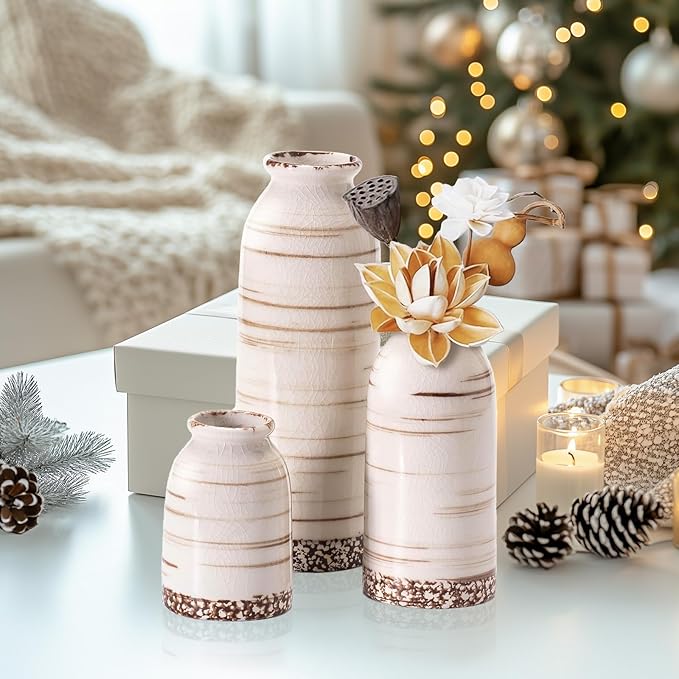 Ceramic Vase Set of 3, Farmhouse Rustic Decorative Vase for Home Decor, Modern Glazed Vase, Table Centerpiece for Living Room, Shelf, Bedroom, Kitchen (Omega Yellow)