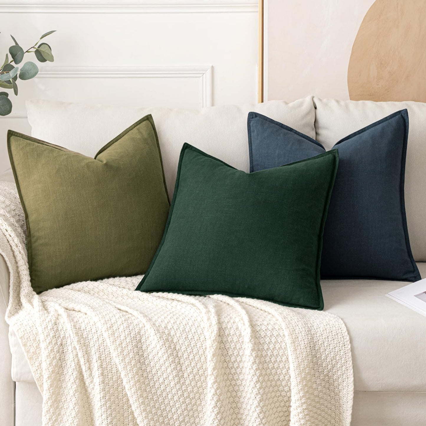 MIULEE Christmas Decorative Linen Pillow Covers 20x20 Inch Dark Green Boho Farmhouse Neutral Couch Throw Pillows for Bed Pack of 2 Accent Modern Pillowcase Sofa Livingroom Home Decor