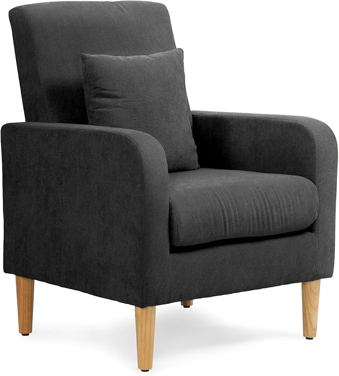 Athena Collection Modern Accent Chair with Cushion, Comfy Upholstered Fabric Reading Chair for Adult, Soft Sofa Armchair for Living Room, Bedroom, Dorm, Black