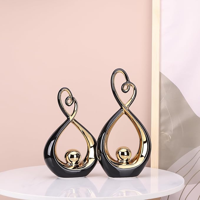 Black Decor Accent, Porcelain Art Mid Century Modern Black and Gold Decorations, Dining Table Objects, Abstract Ceramic Statue Sculpture - for Bookshelf Tv Stand Centerpiece Centro De Mesa