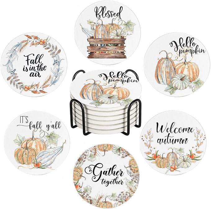 Fall Drink Absorbent Coasters with Holder Set of 6, Ceramic Stone with Cork Base, Autumn Watercolor Orange Pumpkin Pattern Coaster for Drinks, Gift for Housewarming Room Bar Home Decor Kitchen