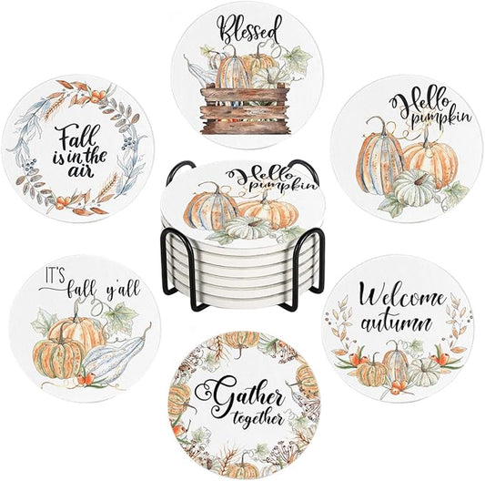 Fall Drink Absorbent Coasters with Holder Set of 6, Ceramic Stone with Cork Base, Autumn Watercolor Orange Pumpkin Pattern Coaster for Drinks, Gift for Housewarming Room Bar Home Decor Kitchen