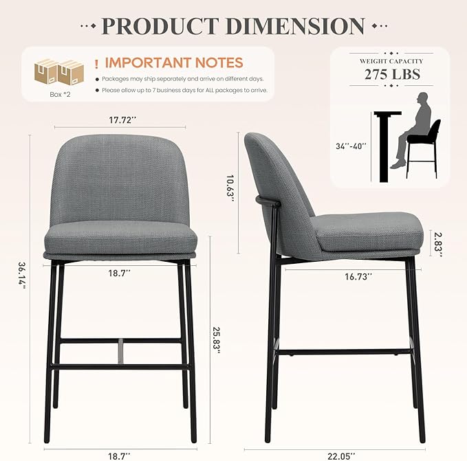 COLAMY Counter Height Bar Stools Set of 4, 25 Inch Modern Fabric Kitchen Island Stools with Back, Upholstered Counter Barstools Armless Bar Chairs with Metal Legs for Island Dining Room Bar,Dark Grey