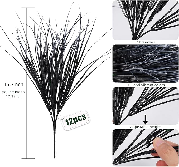 Black and White Plants Halloween Faux Flowers,Artificial Onion Grass Fake UV Resistant Outdoor Shrubs Plants Flowers Greenery Stems Faux Wheat Grass for Garden Home Window Box Porch Decor(Black White)