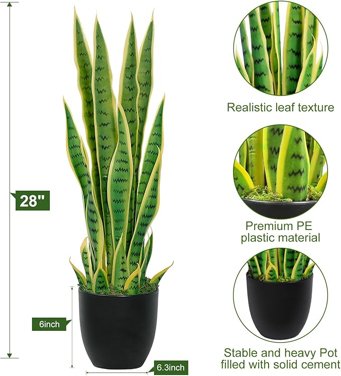 Artificial Snake Plant – 28in Faux Sansevieria Plants, Fake Floor Plant for Indoor Outdoor, Front Porch Patio Home Office Decor, Mother-in-Law’s Tongue, Yellow 1Pcs