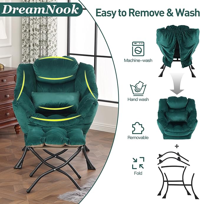 Lazy Chair with Ottoman, Modern Accent Chair with Lumbar Pillow, Comfy Chairs with Folding Footrest for Bedroom, Reading, Oversized Supportive Lounge Chairs(Velvet Dark Green)