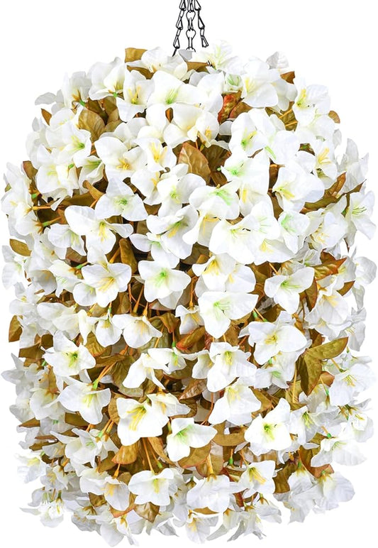 Bougainvillea Artificial Fall Flowers Fake Plants for Outdoors Autumn Decoration, 3PCS Faux Silk Hanging Trailing Vines with Baskets UV Resistant Realistic for Front Door Patio Balcony, Fall White