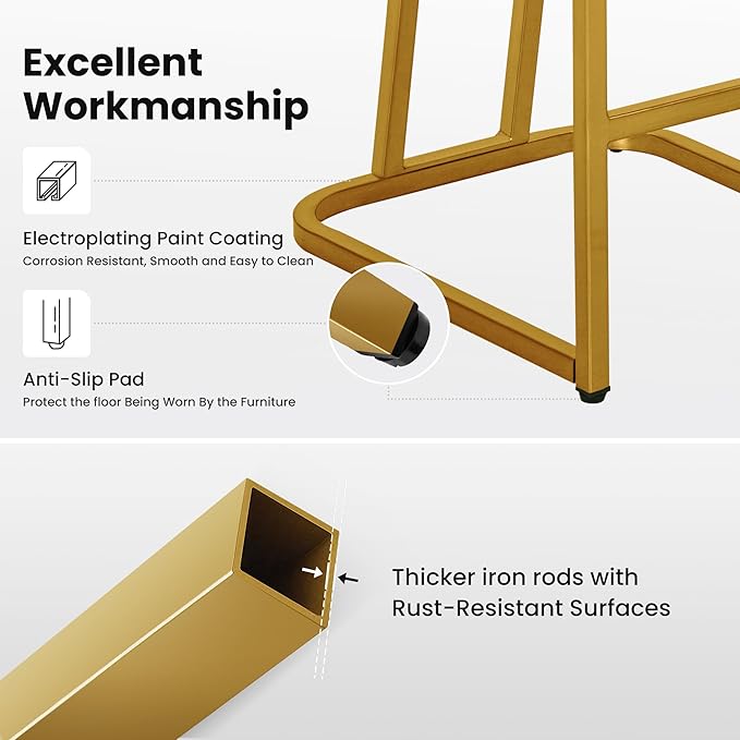 PHI VILLA Grey and Gold Bar Stools Set of 2, Faux Leather Counter Height Chairs, Kitchen Stools for Island, 24 Inch Barstools with Back