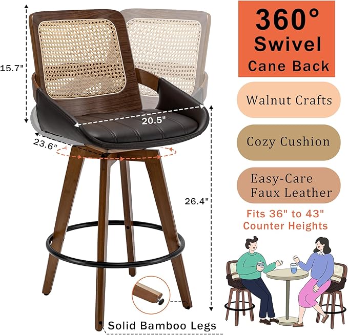 Mid Century Modern Counter Stools - 26.4 inch Swivel Rattan bar stools with Cane Back, Upholstered Faux Leather, Walnut Craftsmanship (Walnut Brown, Set of 1)