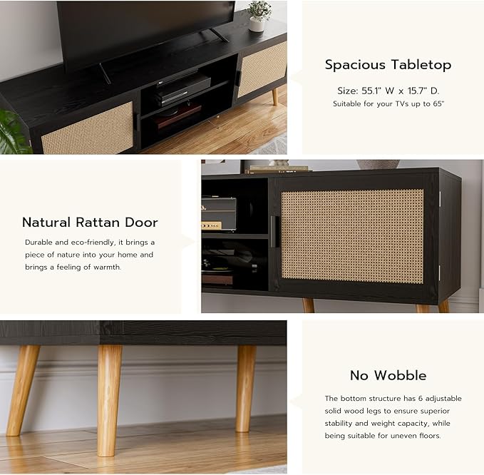 TV Stand for TVs up to 65'', Entertainment Center with Rattan Door, Shelves & 2 Cabinets, Boho Media TV Console for Living Room, Bedroom, Black