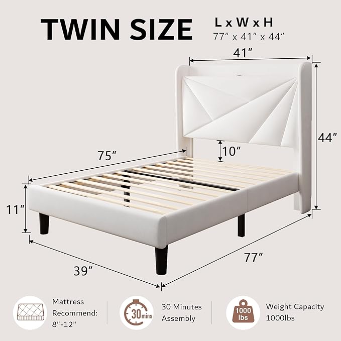 iPormis Twin Size Bed Frame with Charging Station, Velvet Platform Bed Frame with Wingback Headboard Upholstered Bedframe, Solid Wood Slats Support, No Box Spring Needed, Easy Assembly, White