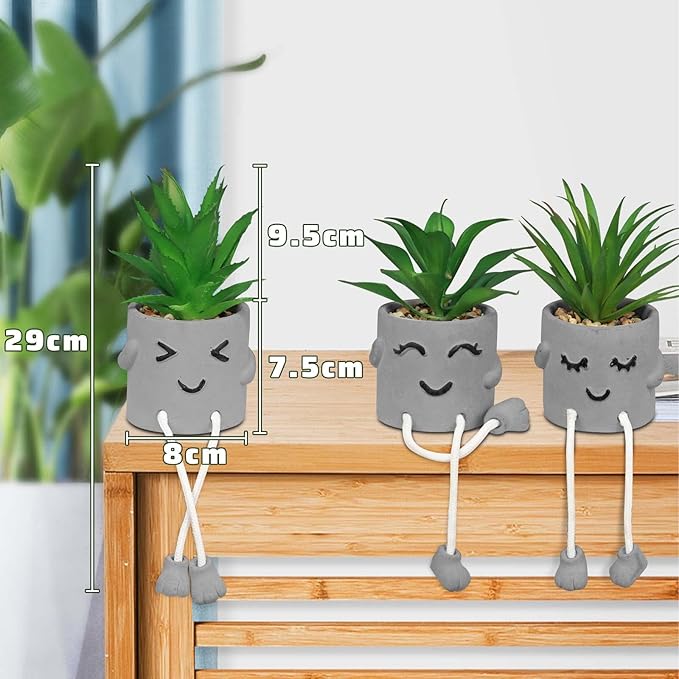 Set of 3 Artificial Succulent Plants, Fake Plant Office Decor with Gray Flower Pots, Small Faux Plants Indoor Mini Potted Succulents for Desk Shelf Bathroom Home Decor
