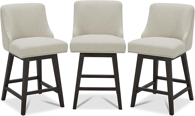 CHITA Counter Height Swivel Bar Stools Set of 3, FSC Certified Upholstered Counter Stools, Modern Swivel Barstools with Wood Legs for Kitchen Island, 26" Seat Height, Fabric in Linen