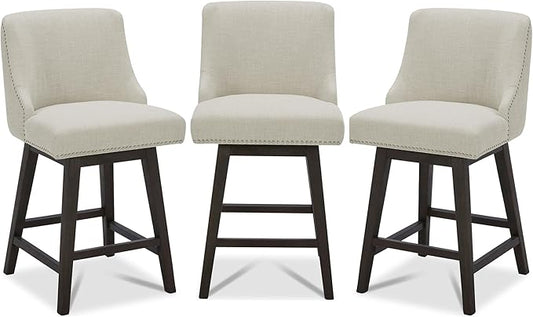 CHITA Counter Height Swivel Bar Stools Set of 3, FSC Certified Upholstered Counter Stools, Modern Swivel Barstools with Wood Legs for Kitchen Island, 26" Seat Height, Fabric in Linen