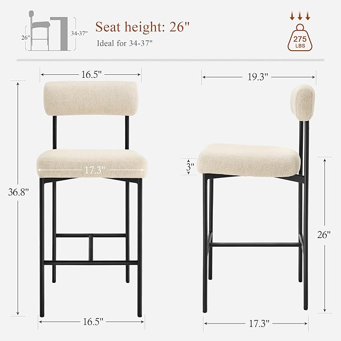 Counter Height Bar Stools Set of 4, Modern Upholstered Bar Stools with Back, Linen Counter Height Chairs with Metal Legs and Padded Cushion for Kitchen Island, Home Pub and Bars, Beige